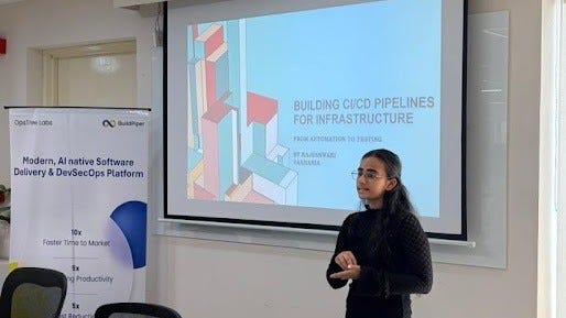 Rajeshwari Vakharia presenting Building CI/CD Pipelines for Infrastructure at Opstree Labs